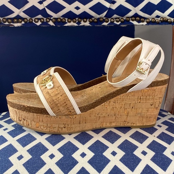 White cork Tommy Hilfiger ankle strap platforms cork wedges heeled sandals Sz 10 - Picture 4 of 13
